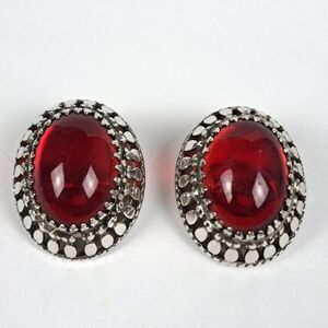 Whiting And Davis Clip On Earrings Red Stone Silver Tone